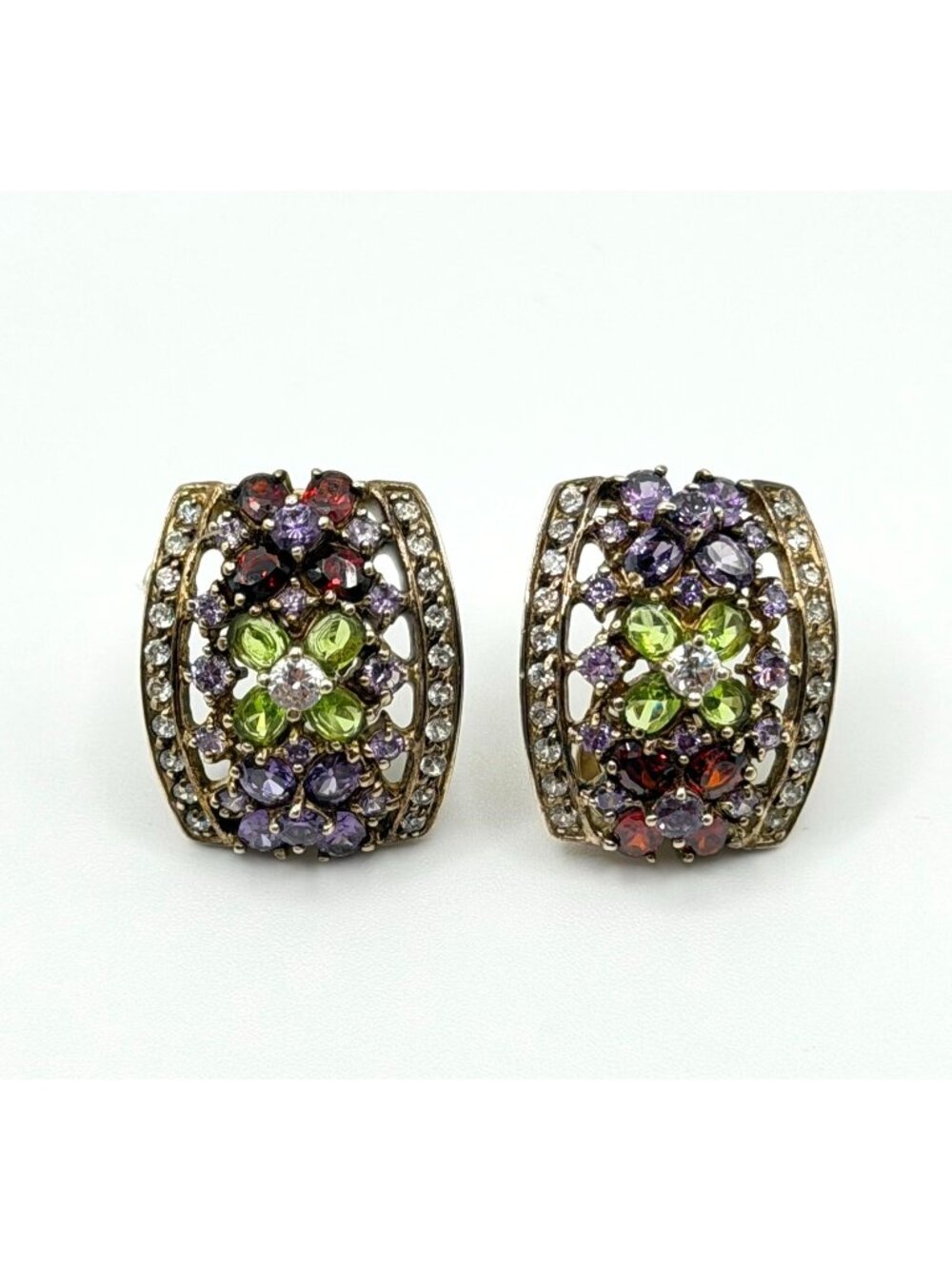Vintage Seta 925 Silver Multicolor Crystal Omega Back Earrings With Gold-Tone